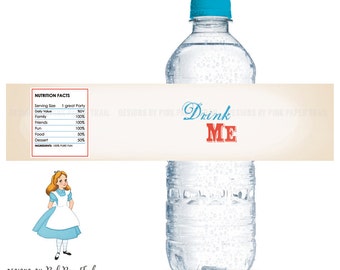 Alice in Wonderland Printable Water Bottle Label, Drink Me,  Instant Download, Print your own