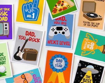 Funny Fathers Day Card Set, Quirky Pun Fathers Day set of 10 Cards, Modern Pop Hand Drawn Fathers Day Card