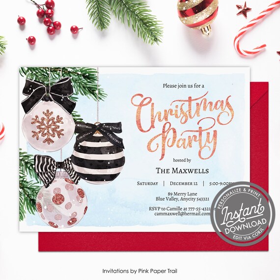 EDITABLE Christmas Party Invitation, Dainty Christmas Baubles Party Holiday Ornament Exchange Invitation DIY Template Instant Access Il_570xn