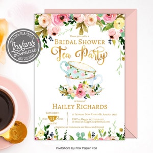 EDITABLE Tea Party Bridal Shower Invitation, Floral Garden Bridal Shower Afternoon Tea Party, High Tea Party, Personalized Printable Invite