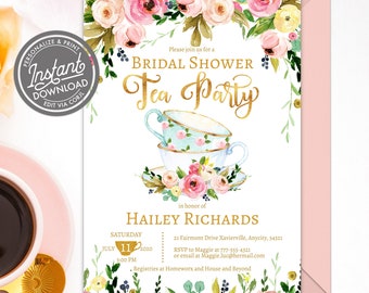 EDITABLE Tea Party Bridal Shower Invitation, Floral Garden Bridal Shower Afternoon Tea Party, High Tea Party, Personalized Printable Invite