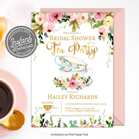 EDITABLE Tea Party Bridal Shower Invitation, Floral Garden Bridal Shower Afternoon Tea Party, High Tea Party, Personalized Printable Invite Il_570xn