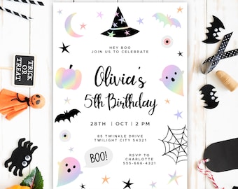 Editable Halloween Birthday Invitation, Pastel Girly Cute Ghost Halloween Party, Witch, Pumpkins, Spooktacular Birthday Instant Download