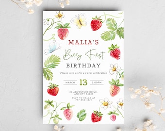 May include: A printable invitation for a first birthday party with a strawberry theme. The invitation features a watercolor illustration of strawberries, butterflies, and flowers. The text on the invitation reads "Malia's Berry First Birthday".