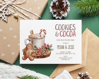 May include: A rectangular baby shower invitation card featuring a watercolour illustration of a mug with marshmallows, a candy cane, a gingerbread man, and a pinecone. The text reads: COOKIES & COCOA, PLEASE JOIN US FOR A BABY SHOWER IN HONOUR OF MEGAN & JESSE.