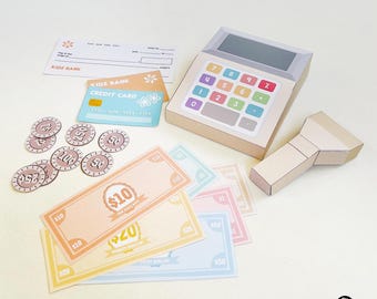Printable Pretend Play Cash Register Set, Play Money, Coins, Credit Card & Check, DIY Kids Role Play Shop Game