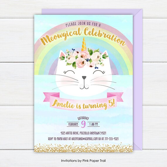 Cat Unicorn Birthday Invitation, Caticorn Birthday Party Invite ...