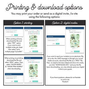 May include: An image with instructions for printing and downloading digital invitations. The options include printing at home or via a print shop, and sending as a digital invite. The text includes "Download Design" and "SHOW BLEED & SHOW TRIM MARKS".