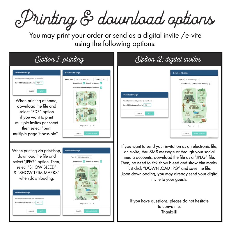 May include: An image with instructions for printing and downloading digital invitations. The options include printing at home or via a print shop, and sending as a digital invite. The text includes "Download Design" and "SHOW BLEED & SHOW TRIM MARKS".