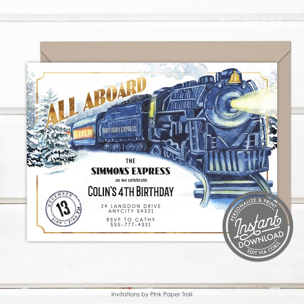 EDITABLE Train Birthday Invitation Vintage Train Steam Engine Locomotive Winter Party Instant Download DIY Birthday Template Instant Access