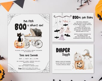 May include: A Halloween-themed baby shower invitation with a black cat and a baby carriage decorated with pumpkins. The invitation reads "Our little BOO is almost due!" and includes the names Thea and Connor, the date and time of the shower, and the address. There are also two additional cards, one for a book request and one for a diaper raffle.