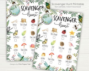 May include: Two printable scavenger hunt checklists with a nature theme. The checklists feature a magnifying glass, a ladybug, a butterfly, a pine cone, a bird, a bird's nest, a tree stump, a leaf, a snail, a toadstool, an acorn, and twigs. The text on the checklists reads "Scavenger Hunt Printable" and "Scavenger Hunt".