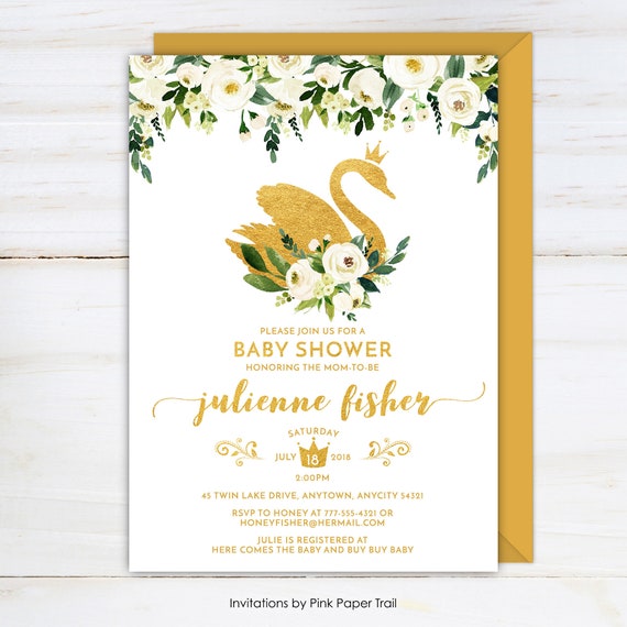 Swan Baby Shower Invitation, Gold Swan and White Flowers Baby Shower Digital Printable Invite Il_570xn