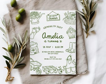 May include: A green and white printable invitation for a 3rd birthday party with the text "Growing so fast Amelia is turning 3!" and a garden theme. The invitation features a variety of garden-themed illustrations, including a watering can, a gardening glove, a birdhouse, a wheelbarrow, and a pair of boots. The invitation also includes the date and time of the party, the address, and the RSVP information.