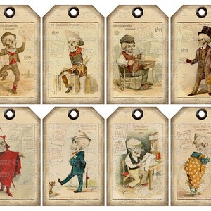 Pu&ograve; includere: Un set di otto etichette regalo in stile vintage con illustrazioni di scheletri in vari costumi e pose. Le etichette sono stampate su carta invecchiata con un aspetto usurato e hanno un foro perforato nella parte superiore per essere appese.