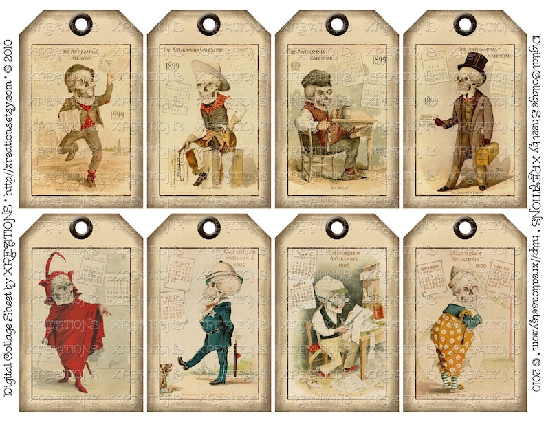 Pu&ograve; includere: Un set di otto etichette regalo in stile vintage con illustrazioni di scheletri in vari costumi e pose. Le etichette sono stampate su carta invecchiata con un aspetto usurato e hanno un foro perforato nella parte superiore per essere appese.