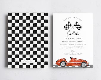 Race Car Birthday Invitation Template, Fast One Red Race Car First Birthday Invite, Vintage Retro Race Car Printable Template Instant Access