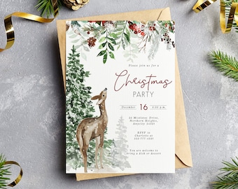 May include: A Christmas party invitation with a watercolor illustration of a deer in a snowy forest. The invitation is for December 16th at 6:00 p.m. and includes the address, RSVP information, and a request to bring a dish or dessert.