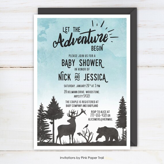 Woodland Baby Shower Invitation, Let the Adventure Begin Baby Shower Invite, Woodland Animals Bear Moose Deer Personalized Invitation Il_570xn