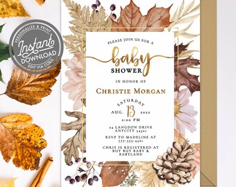 EDITABLE Fall Baby Shower Invitation, Muted Autumn Flowers and Leaves Baby Shower, Muted Floral Baby Shower Invite Template Instant Access