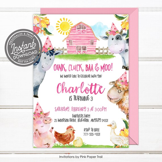EDITABLE Pink Farm Girl Birthday Invitation, Farm Barn Birthday Party Invitation, Barn Barnyard Cow Pig Sheep Duck Chicken Printable Invite Il_570xn