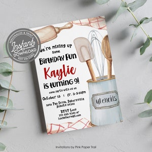 May include: A birthday party invitation with a watercolor illustration of kitchen utensils. The invitation is for Kaylie's 9th birthday party. The party is on October 15th from 3:00 PM to 5:00 PM at 2846 Pan Drive, Bakersvilla, Angcity 54321. RSVP to Lucy at 777-555-4321 or Lucy@hermall.com.