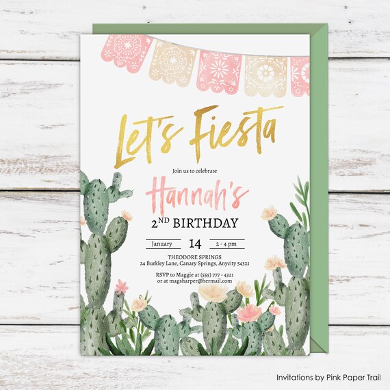 Fiesta Birthday Invitation, Cactus Mexican Banners Pink Blush and White Floral Invitation, Personalized Printable Cactus Succulent Invite Il_570xn