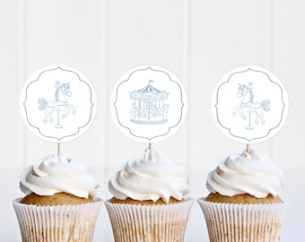 Toile Carousel Cupcake Topper Printable, Editable Corjl Template, Hand Drawn Carousel Party Decor, Vintage Circus Theme