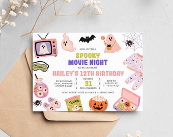 Halloween Movie Night Birthday Invitation, Spooky Sleepover Party Invite, Cute Halloween Birthday Party, Printable Invitation