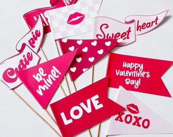 Valentines Mini Flag Printables, 9 Romantic Cake Topper Flags, Valentine Party Decor, Photo Prop Instant Download Adult Valentine Tags