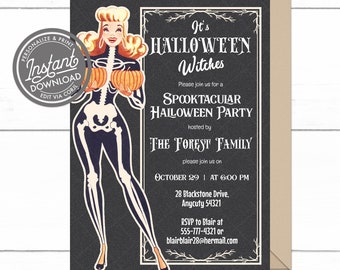 Retro Halloween Party Invitation, Adult Sexy Retro Halloween Costume Party Invite, Pinup Halloween Pumpkin Carving Printable Invitation
