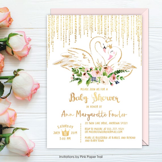 Mommy and Baby Swan Baby Shower Invitation, Golden Swan Baby Shower Invite, Floral Blush Gold Glitter Swan Personalized Printable Invitation Il_570xn