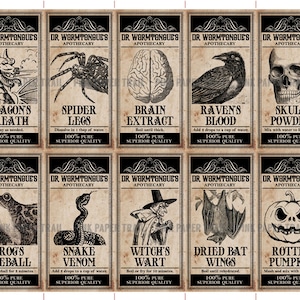 May include: Ten black and white potion bottle labels with illustrations of various creatures and ingredients. Each label has the text "Dr. Wormtongue's Apothecary" and a name for the potion, such as "Dragon's Breath", "Spider Legs", "Brain Extract", "Raven's Blood", "Skull Powder", "Frog's Eyeball", "Snake Venom", "Witch's Wart", "Dried Bat Wings", and "Rotten Pumpkin".