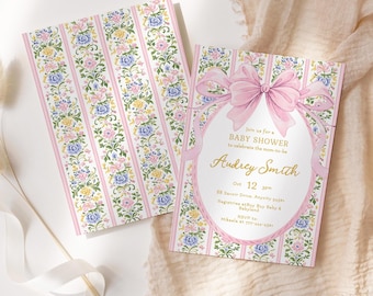 Editable Vintage Baby Shower Invitation, Pink Blue and Yellow Floral Girl Invite, Grandmillennial Style Printable, Instant Download v.2