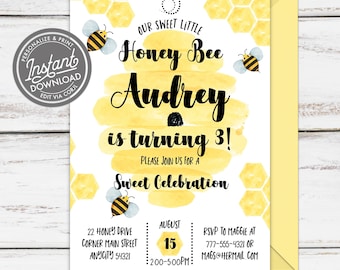 EDITABLE Bee Birthday Invitation, Busy Bee Buzz By Honey Bee Birthday Party Invitation, Instant Access Download Print Your Own