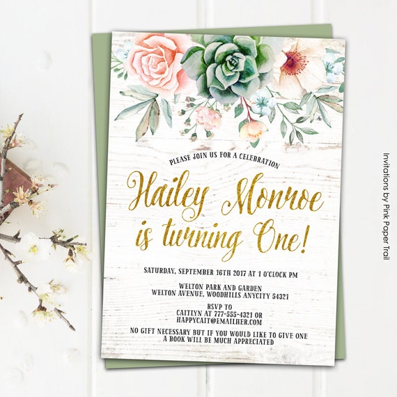Succulents Birthday Invitation, First Birthday Invite, Floral Boho Chic Succulents Protea Roses Anemone Rustic Printable Any Age Invitation Il_570xn