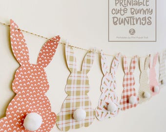 Printable Bunny Bunting Banner, Easter Bunny Garland Decor, Pastel Patterned Bunny Cutouts, Instant Download Easter Hanging Decoration