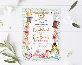 Editable Alice in Wonderland Invite Template Mad Hatter Tea Party Invite Onederland Girl 1st Birthday Invitation Tea Party Instant Printable