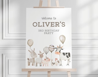 Editable Farm Animals Birthday Party Welcome Sign, Barn Welcome Sign, Barnyard Animals Birthday Party Welcome Sign Poster