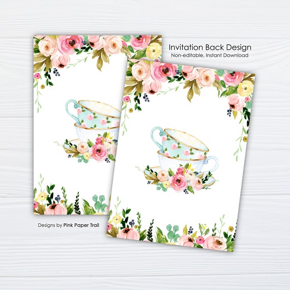 Tea Party Invitation Back Design, Blush Pink Floral Tea Party Invitation Back Design, Instant Download, Printable File Il_570xn