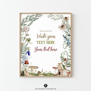 May include: A framed print featuring a watercolor illustration with a woodland theme. The artwork includes a floral border with mushrooms, a snail, and a rabbit. The text "Write your TEXT HERE" is displayed in the center.