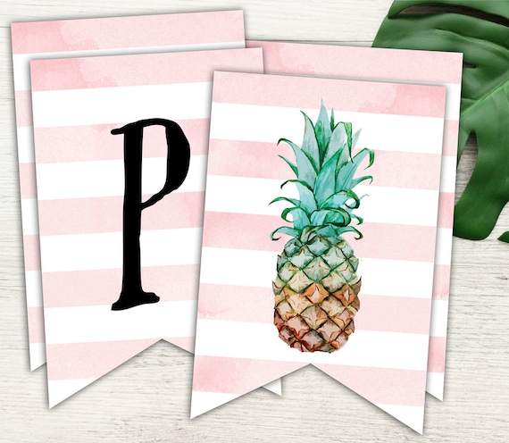 Pineapple Party Happy Birthday Banner, Pink and White and Pineapple Printable Banner, Instant Download Print Your Own Il_570xn