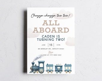 Editable Train Birthday Invitation, Cute Train Steam Engine Locomotive Birthday Invite, All Aboard Train Express Invitation Template