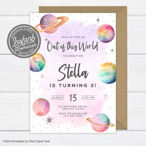 Editable Out of this World Birthday Party Invitation, Girly Outer Space Pink Planets Galaxy Invite Instant Access Invitation Template