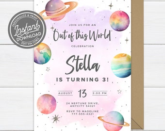 May include: A printable invitation for a 3rd birthday party with a space theme. The invitation features a watercolor illustration of planets and stars with the text "Out of this World Celebration Stella is turning 3!"  August 13, 2:00 PM, 24 Neptune Drive, Anycity 54321, RSVP to Madeline 777-555-4321.