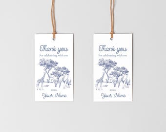 Editable Dusty Blue Toile De Jouy Safari Baby Shower Thank You Tag for Baby Boy Shower Editable Favor Tag, Instant Download, Corjl Template