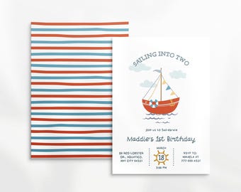 EDITABLE Cute Nautical 1st Birthday Invitation, Modern Sail Boat Birthday Invite, Nautical Little Sailor Marine Sail Boat Printable Invite