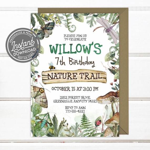 EDITABLE Nature Trail Birthday Invitation or Bugs Birthday Party Invitation, Outdoor Exploration Adventure Scavenger Hunt Party Invite Il_570xn