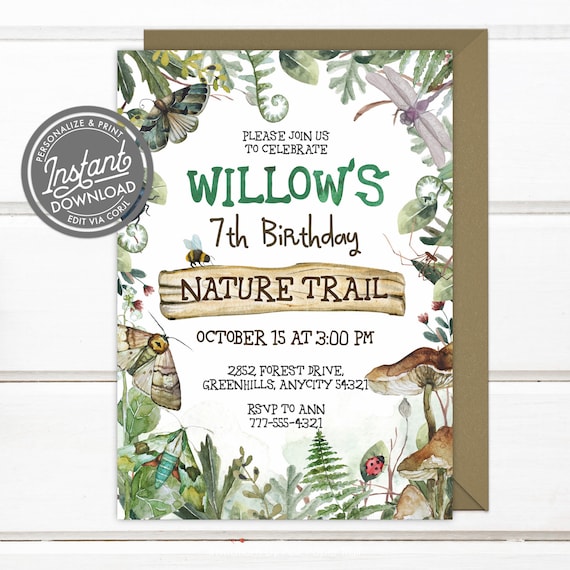 EDITABLE Nature Trail Birthday Invitation or Bugs Birthday Party Invitation,  Outdoor Exploration Adventure Scavenger Hunt Party Invite by Pink Paper  Trail