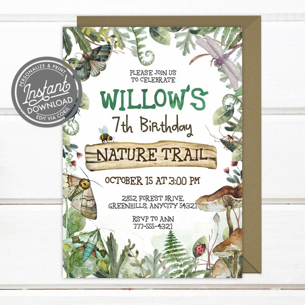 EDITABLE Nature Trail Birthday Invitation or Bugs Birthday Party Invitation, Outdoor Exploration Adventure Scavenger Hunt Party Invite